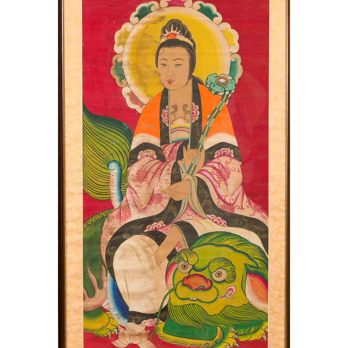 Large Framed Indian 19th Century Painting of Guanyin Sitting on a Dragon-7. Asian &amp; Chinese Furniture, Art, Antiques, Vintage Home Décor for sale at FEA Home