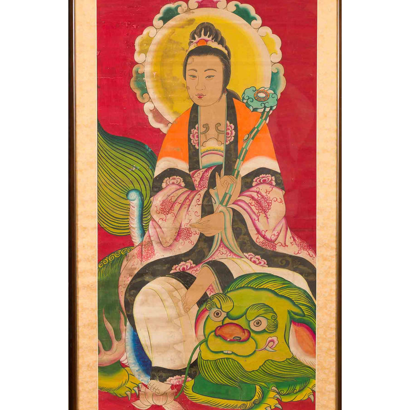 Large Framed Indian 19th Century Painting of Guanyin Sitting on a Dragon-YN7457-7. Asian & Chinese Furniture, Art, Antiques, Vintage Home Décor for sale at FEA Home