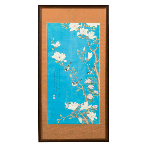 Qing Dynasty 19th Century Turquoise Print Depicting Birds Perched in a Tree-YN7458-1. Asian & Chinese Furniture, Art, Antiques, Vintage Home Décor for sale at FEA Home