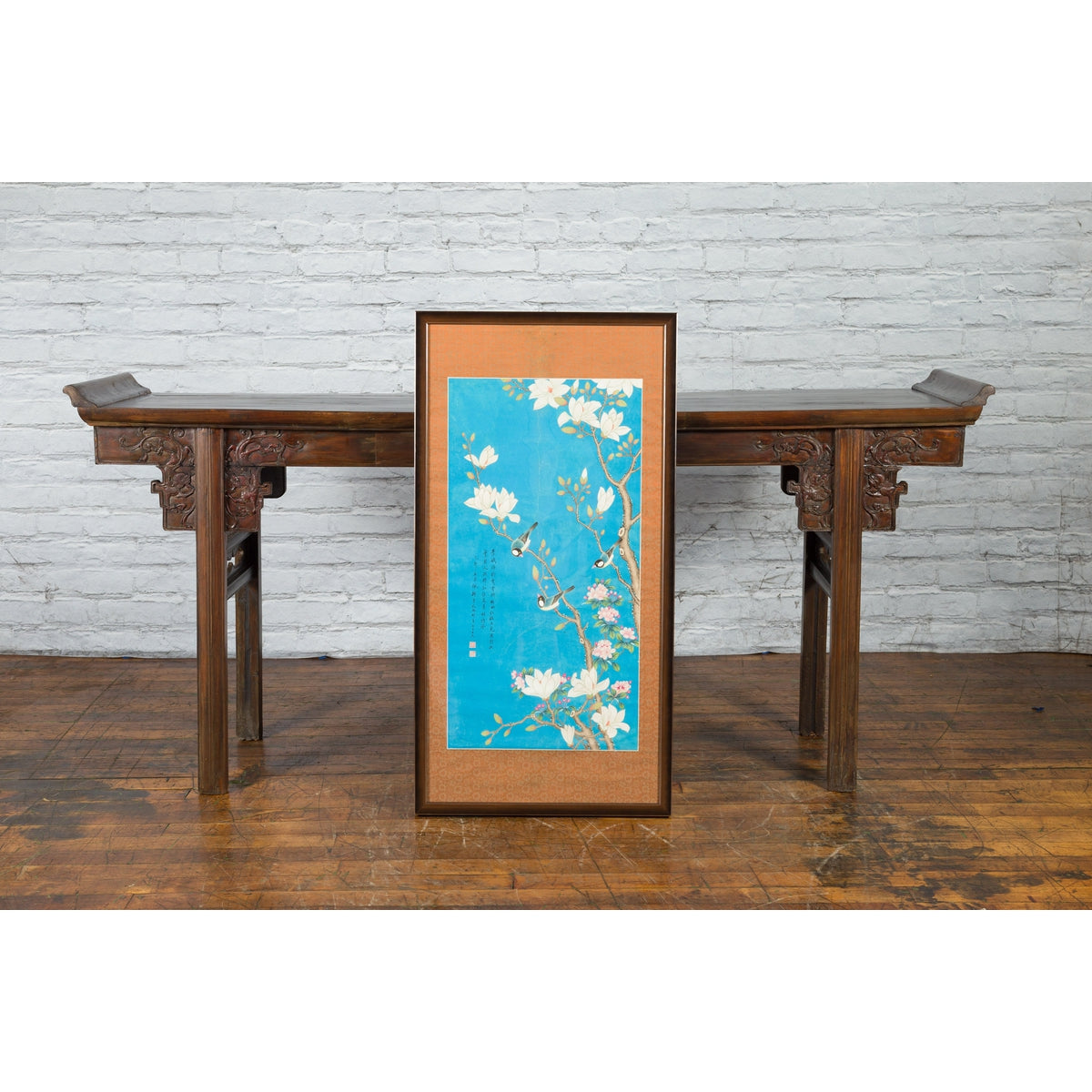 Qing Dynasty 19th Century Turquoise Print Depicting Birds Perched in a Tree-2. Asian & Chinese Furniture, Art, Antiques, Vintage Home Décor for sale at FEA Home