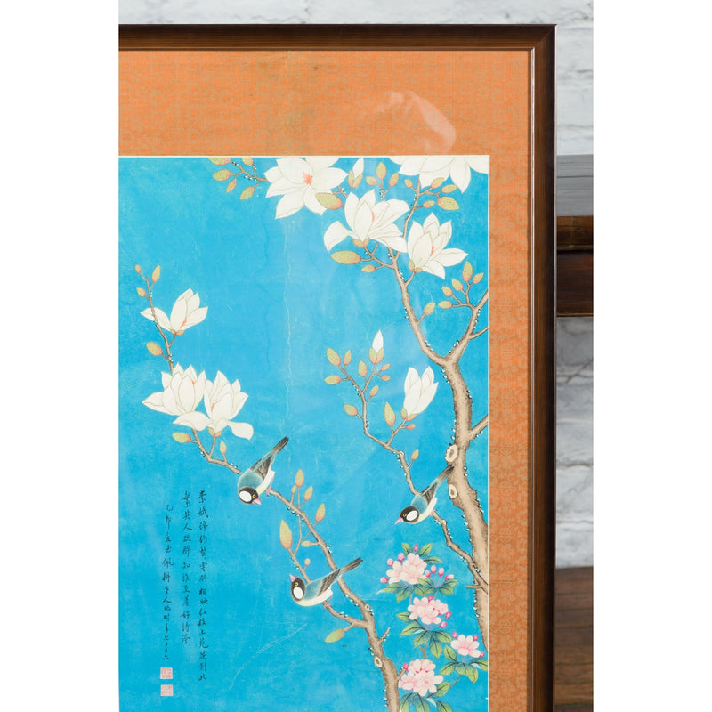 Qing Dynasty 19th Century Turquoise Print Depicting Birds Perched in a Tree - Antique Chinese and Vintage Asian Furniture for Sale at FEA Home