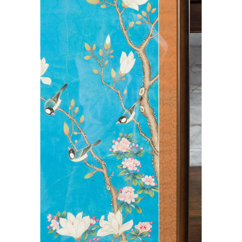 Qing Dynasty 19th Century Turquoise Print Depicting Birds Perched in a Tree - Antique Chinese and Vintage Asian Furniture for Sale at FEA Home