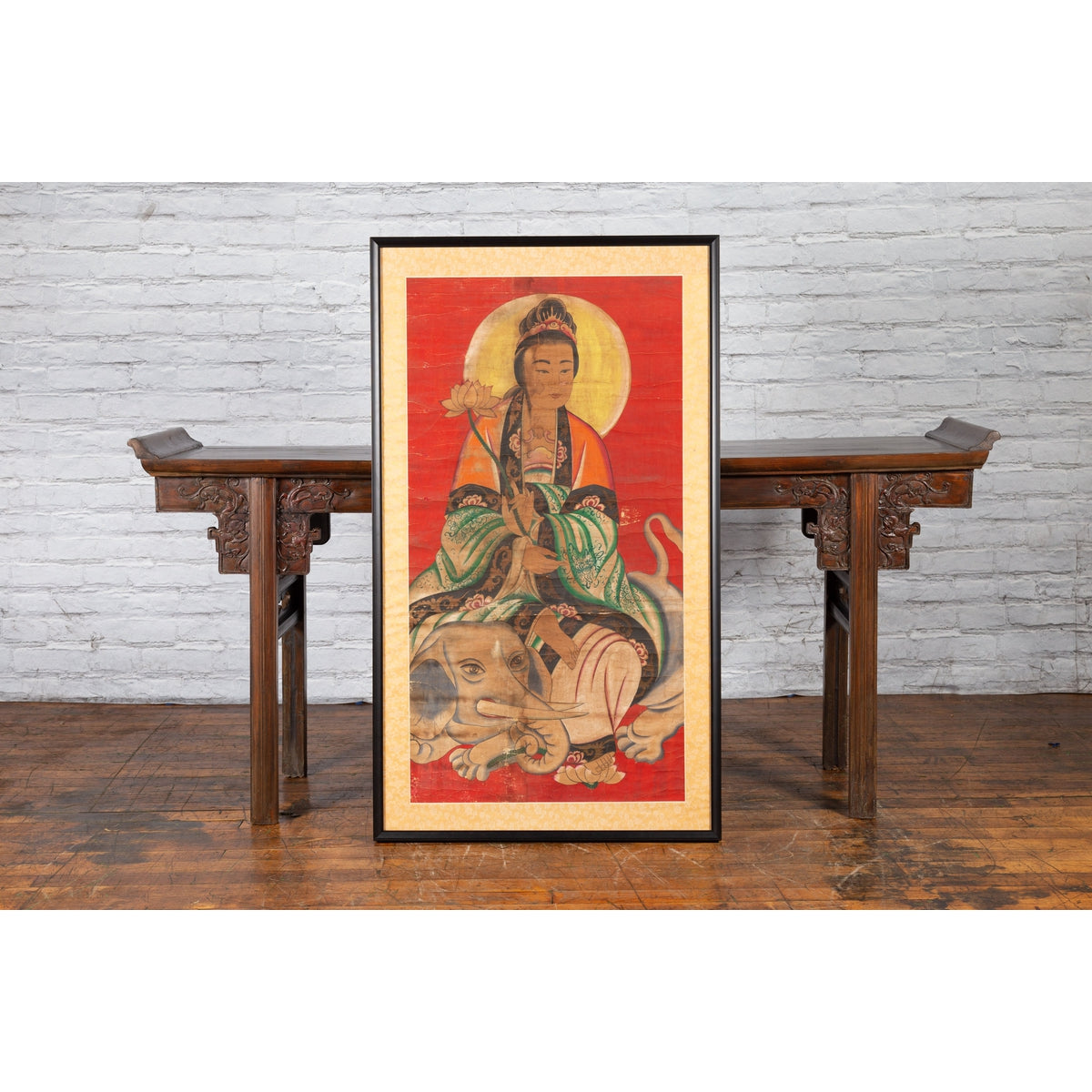 19th Century Indian Print with Guanyin the Bodhisattva of Compassion on Elephant-2. Asian & Chinese Furniture, Art, Antiques, Vintage Home Décor for sale at FEA Home