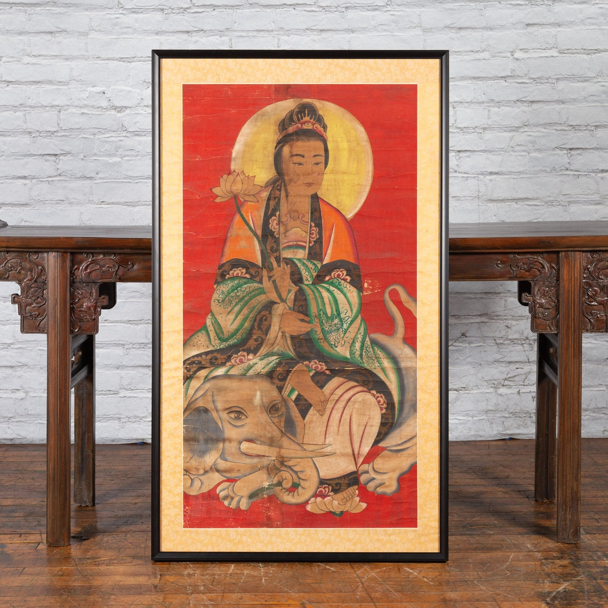 19th Century Indian Print with Guanyin the Bodhisattva of Compassion on Elephant-3. Asian &amp; Chinese Furniture, Art, Antiques, Vintage Home Décor for sale at FEA Home