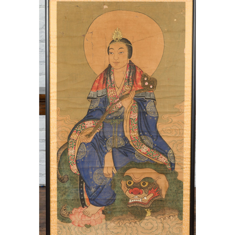 Large Framed Indian 19th Century Painting of Guanyin Sitting on a Dragon-YN7461-1. Asian & Chinese Furniture, Art, Antiques, Vintage Home Décor for sale at FEA Home