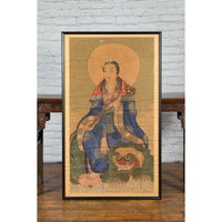 Large Framed Indian 19th Century Painting of Guanyin Sitting on a Dragon