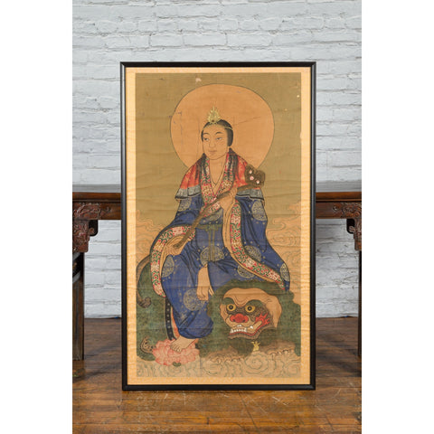 Large Framed Indian 19th Century Painting of Guanyin Sitting on a Dragon-YN7461-3. Asian & Chinese Furniture, Art, Antiques, Vintage Home Décor for sale at FEA Home