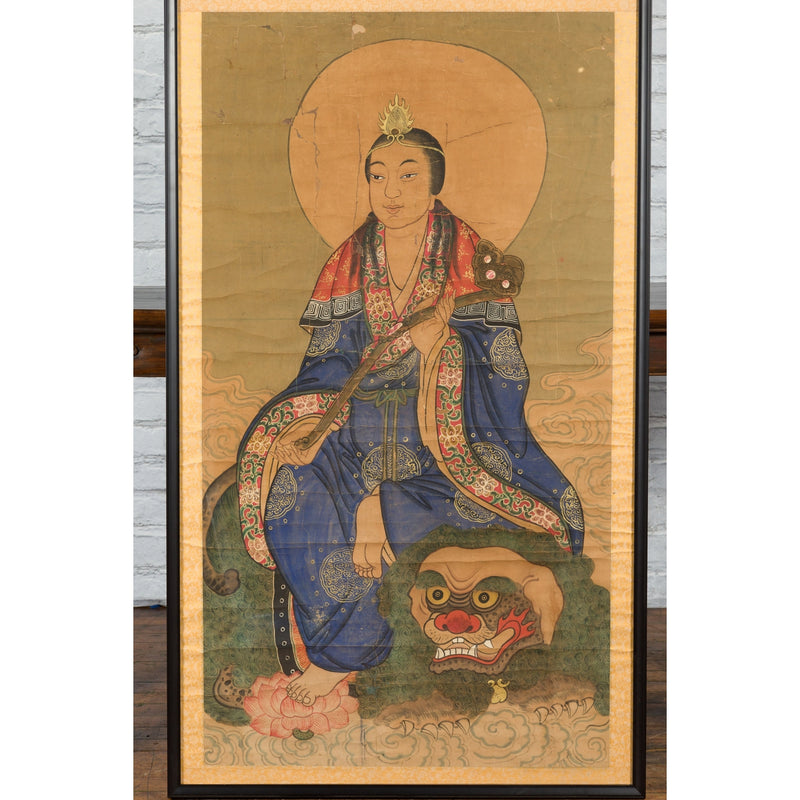 Large Framed Indian 19th Century Painting of Guanyin Sitting on a Dragon-YN7461-6. Asian & Chinese Furniture, Art, Antiques, Vintage Home Décor for sale at FEA Home