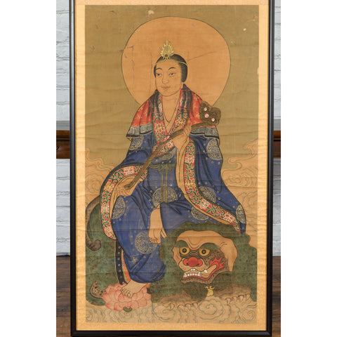 Large Framed Indian 19th Century Painting of Guanyin Sitting on a Dragon-YN7461-6. Asian & Chinese Furniture, Art, Antiques, Vintage Home Décor for sale at FEA Home