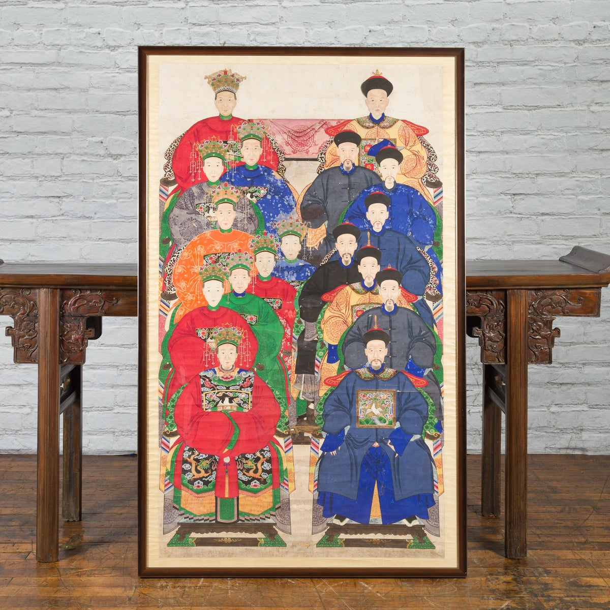 Chinese Qing Dynasty Period 19th Century Ancestor Group Portrait in Custom Frame-2. Asian & Chinese Furniture, Art, Antiques, Vintage Home Décor for sale at FEA Home