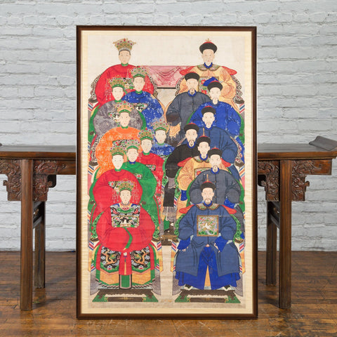 Chinese Qing Dynasty Period 19th Century Ancestor Group Portrait in Custom Frame