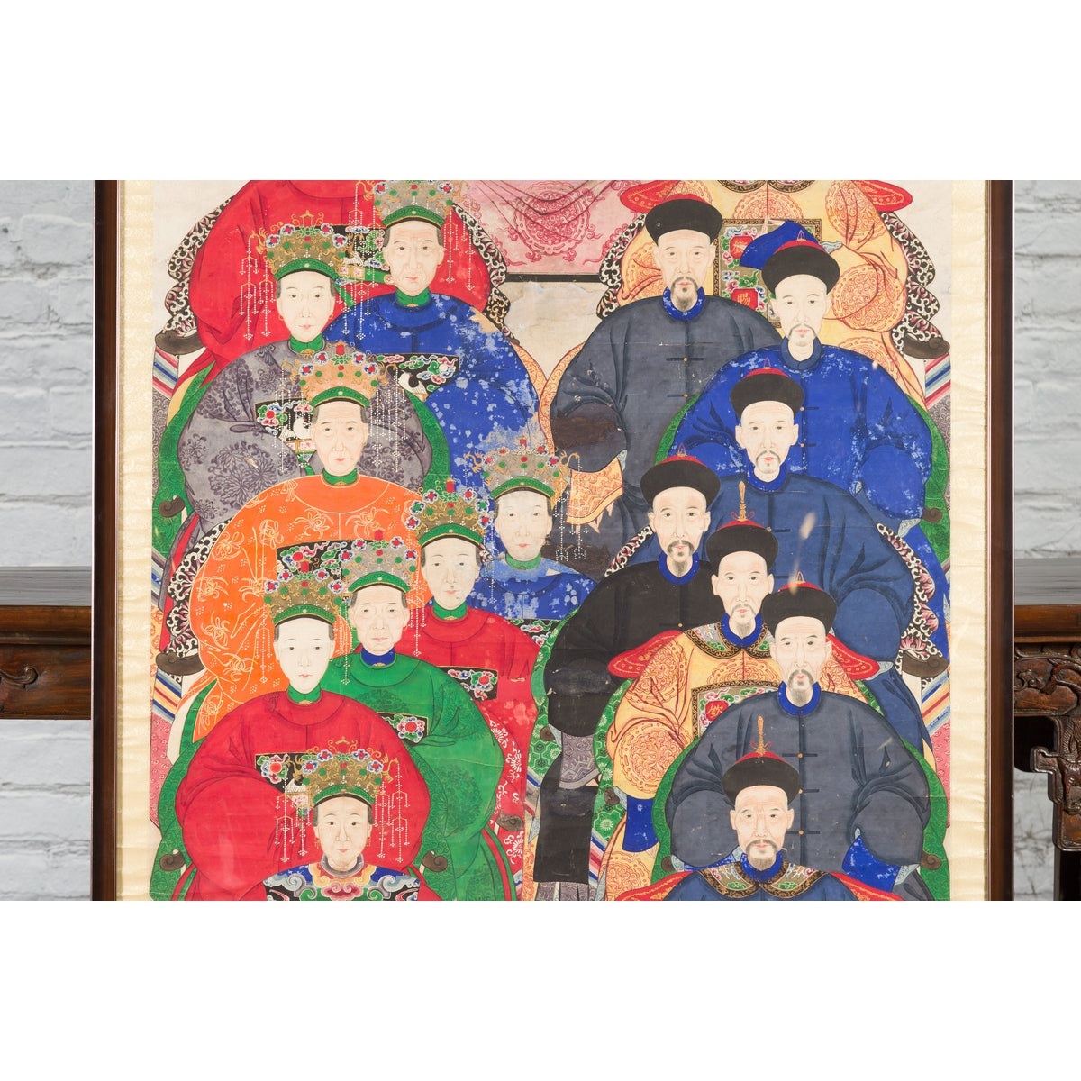 Chinese Qing Dynasty Period 19th Century Ancestor Group Portrait in Custom Frame-5. Asian &amp; Chinese Furniture, Art, Antiques, Vintage Home Décor for sale at FEA Home