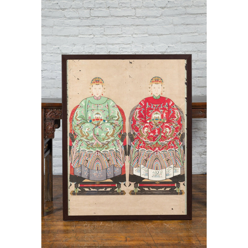 Qing Dynasty Chinese Painting of a Royalty Related Couple with Dragon Motifs - Antique Chinese and Vintage Asian Furniture for Sale at FEA Home
