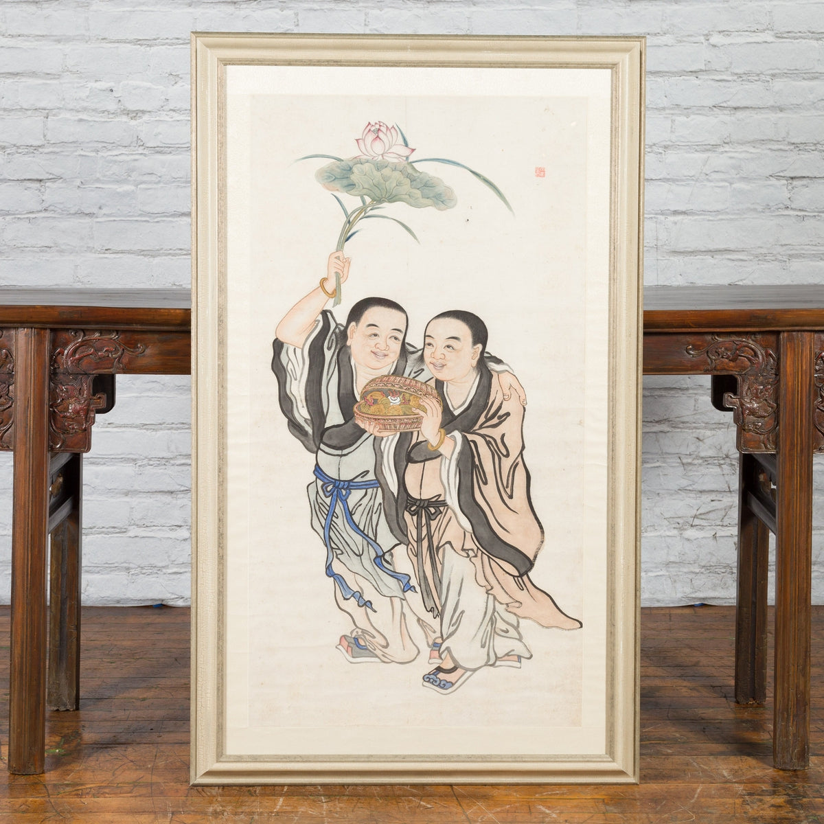Framed Painting of Two Japanese Buddhist Monks with Lotus Flower and Wicker Box-2. Asian & Chinese Furniture, Art, Antiques, Vintage Home Décor for sale at FEA Home