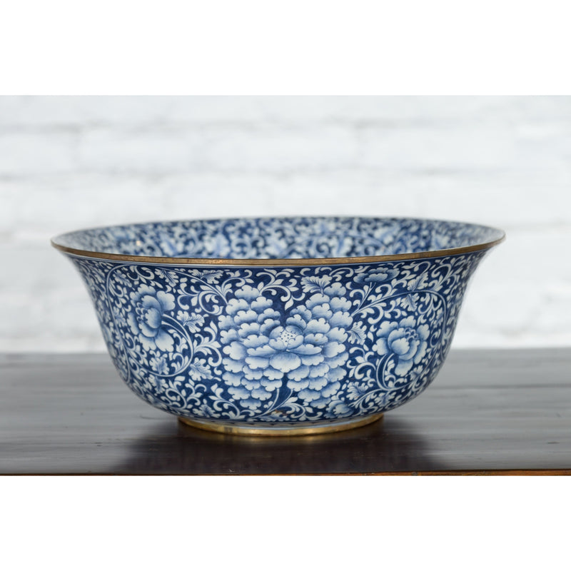 Large Thai Hand-Painted Blue and White Porcelain Bowl with Floral Motifs-YN7466-9. Asian & Chinese Furniture, Art, Antiques, Vintage Home Décor for sale at FEA Home