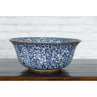 Large Thai Hand-Painted Blue and White Porcelain Bowl with Floral Motifs