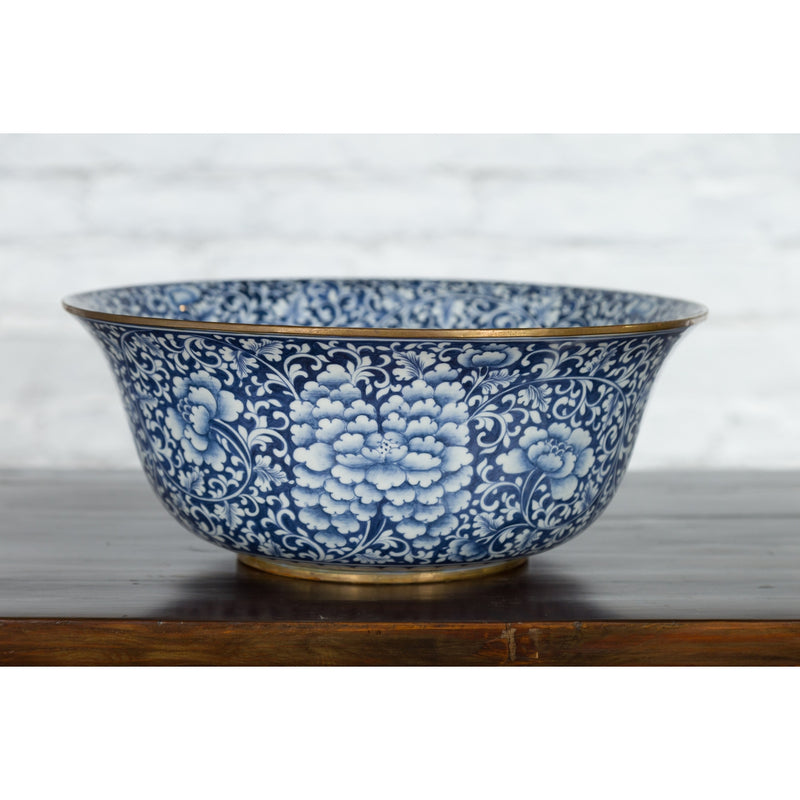 Large Thai Hand-Painted Blue and White Porcelain Bowl with Floral Motifs-YN7466-6. Asian & Chinese Furniture, Art, Antiques, Vintage Home Décor for sale at FEA Home