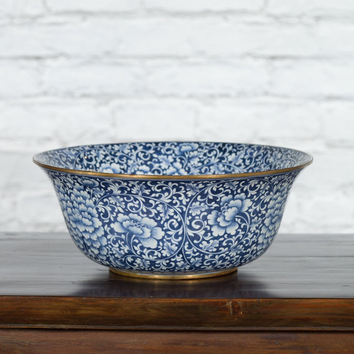 Large Thai Hand-Painted Blue and White Porcelain Bowl with Floral Motifs-2. Asian & Chinese Furniture, Art, Antiques, Vintage Home Décor for sale at FEA Home