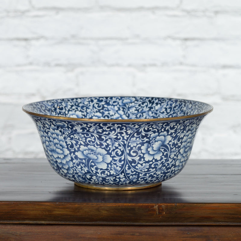 Large Thai Hand-Painted Blue and White Porcelain Bowl with Floral Motifs-YN7466-2. Asian & Chinese Furniture, Art, Antiques, Vintage Home Décor for sale at FEA Home