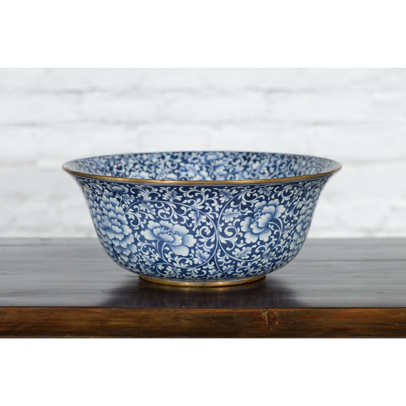 Large Thai Hand-Painted Blue and White Porcelain Bowl with Floral Motifs-YN7466-3. Asian & Chinese Furniture, Art, Antiques, Vintage Home Décor for sale at FEA Home