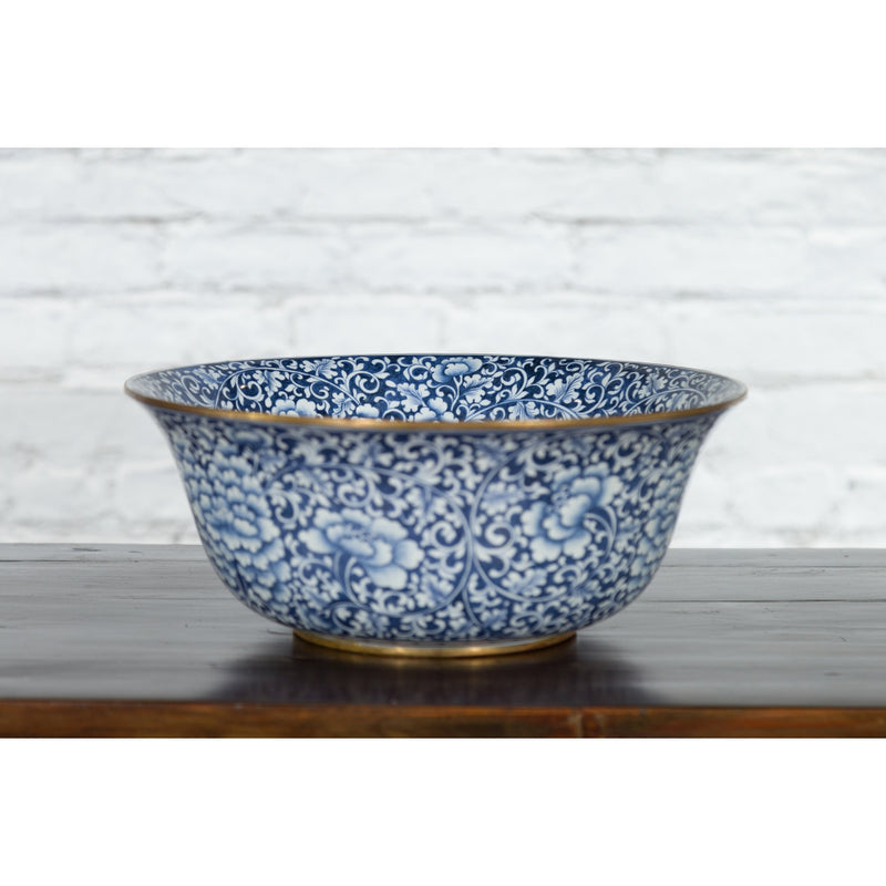 Large Thai Hand-Painted Blue and White Porcelain Bowl with Floral Motifs-YN7466-5. Asian & Chinese Furniture, Art, Antiques, Vintage Home Décor for sale at FEA Home