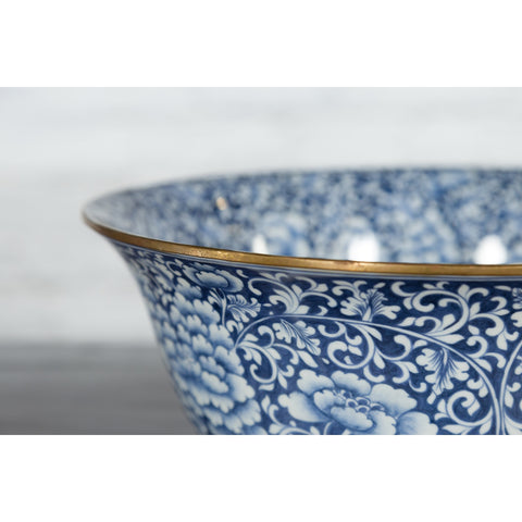 Large Thai Hand-Painted Blue and White Porcelain Bowl with Floral Motifs-YN7466-11. Asian & Chinese Furniture, Art, Antiques, Vintage Home Décor for sale at FEA Home