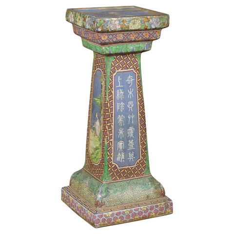 Chinese Vintage Ceramic Pedestal Stand with Hand-Painted Calligraphy and Figures-YN7468-1. Asian & Chinese Furniture, Art, Antiques, Vintage Home Décor for sale at FEA Home