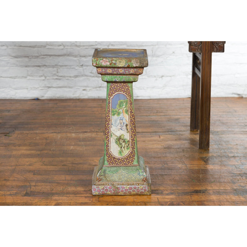 Chinese Vintage Ceramic Pedestal Stand with Hand-Painted Calligraphy and Figures-YN7468-13. Asian & Chinese Furniture, Art, Antiques, Vintage Home Décor for sale at FEA Home