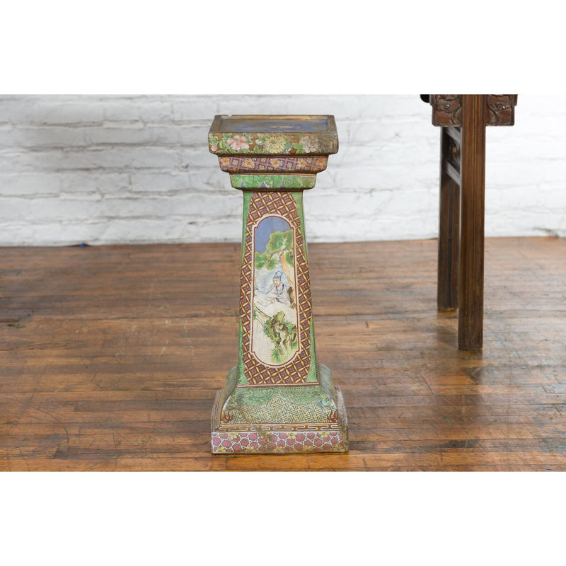 Chinese Vintage Ceramic Pedestal Stand with Hand-Painted Calligraphy and Figures-YN7468-14. Asian & Chinese Furniture, Art, Antiques, Vintage Home Décor for sale at FEA Home