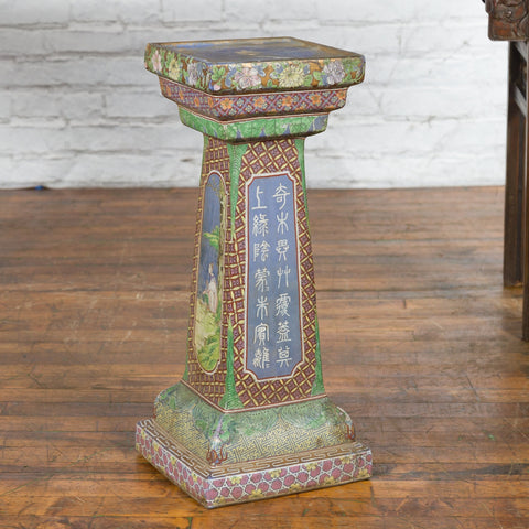 Chinese Vintage Ceramic Pedestal Stand with Hand-Painted Calligraphy and Figures-YN7468-2. Asian & Chinese Furniture, Art, Antiques, Vintage Home Décor for sale at FEA Home