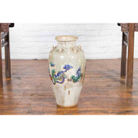 Annamese White Martaban Vase with Green and Blue Landscape Motifs