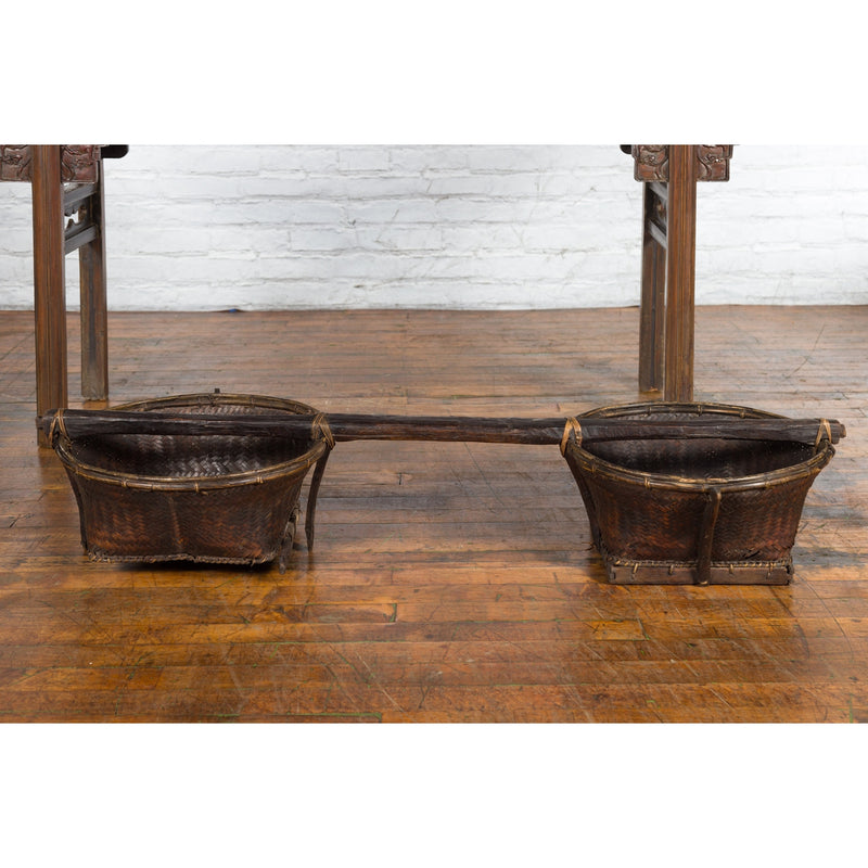 Early 20th Century Shoulder Rice Carrying Yoke with Bamboo and Rattan Baskets - Antique and Vintage Asian Furniture for Sale at FEA Home