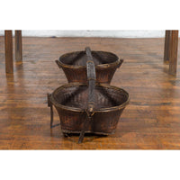 Early 20th Century Shoulder Rice Carrying Yoke with Bamboo and Rattan Baskets