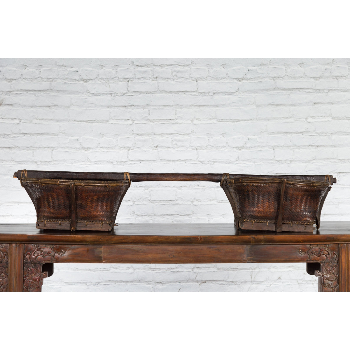 Early 20th Century Shoulder Rice Carrying Yoke with Bamboo and Rattan Baskets-2. Asian & Chinese Furniture, Art, Antiques, Vintage Home Décor for sale at FEA Home