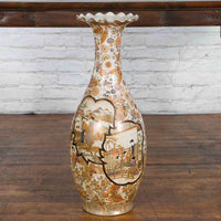 Large Japanese Vintage Kutani Style Scalloped Palace Vase with Court Scenes
