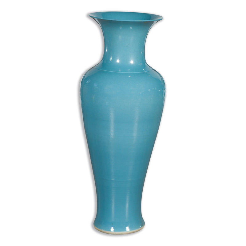 Tall Prem Collection Soft Blue Glazed Artisan Ceramic Vase with Flaring Neck-1. Asian & Chinese Furniture, Art, Antiques, Vintage Home Décor for sale at FEA Home