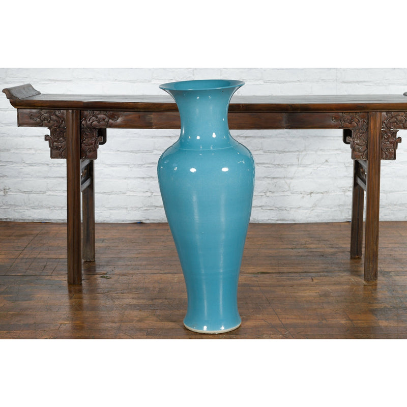 Tall Prem Collection Soft Blue Glazed Artisan Ceramic Vase with Flaring Neck - Antique Chinese and Vintage Asian Furniture for Sale at FEA Home