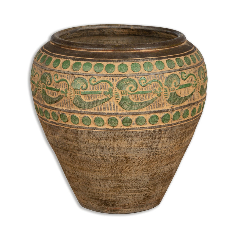 Vintage Thai Brown Ceramic Jar with Green Scrolling and Spherical Accents-1. Asian & Chinese Furniture, Art, Antiques, Vintage Home Décor for sale at FEA Home