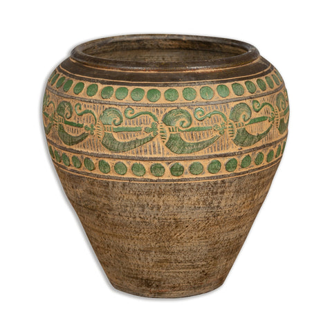 Vintage Thai Brown Ceramic Jar with Green Scrolling and Spherical Accents-1. Asian & Chinese Furniture, Art, Antiques, Vintage Home Décor for sale at FEA Home