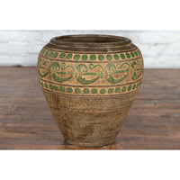 Vintage Thai Brown Ceramic Jar with Green Scrolling and Spherical Accents