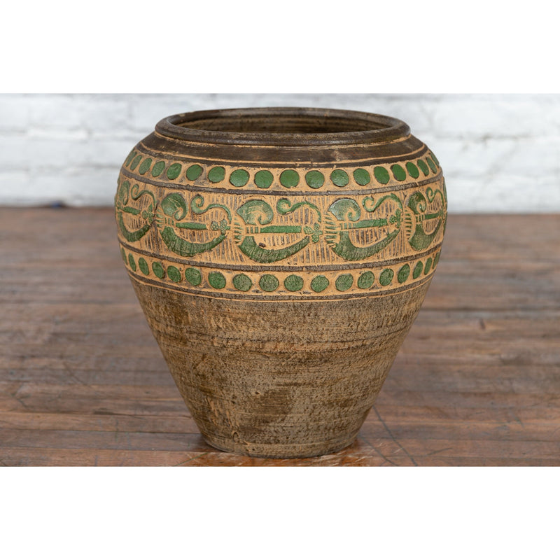 Vintage Thai Brown Ceramic Jar with Green Scrolling and Spherical Accents-10. Asian & Chinese Furniture, Art, Antiques, Vintage Home Décor for sale at FEA Home