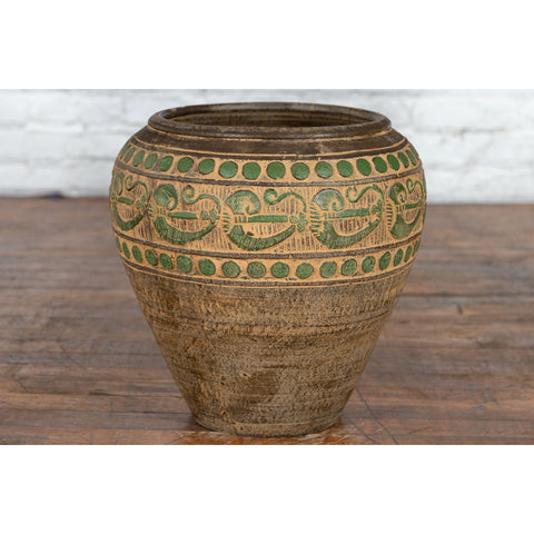 Vintage Thai Brown Ceramic Jar with Green Scrolling and Spherical Accents-10. Asian & Chinese Furniture, Art, Antiques, Vintage Home Décor for sale at FEA Home