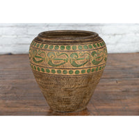 Vintage Thai Brown Ceramic Jar with Green Scrolling and Spherical Accents