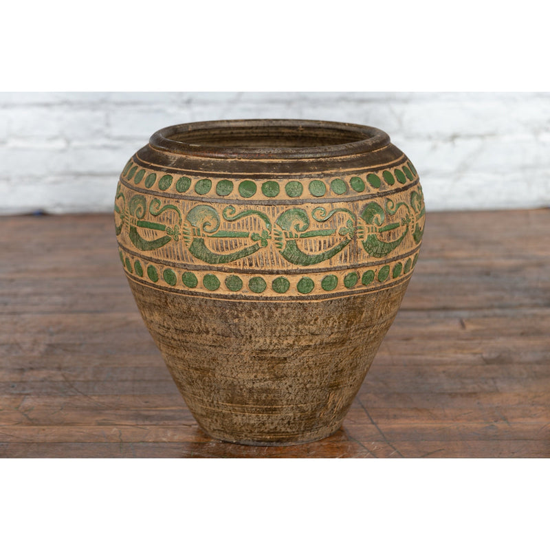 Vintage Thai Brown Ceramic Jar with Green Scrolling and Spherical Accents-11. Asian & Chinese Furniture, Art, Antiques, Vintage Home Décor for sale at FEA Home
