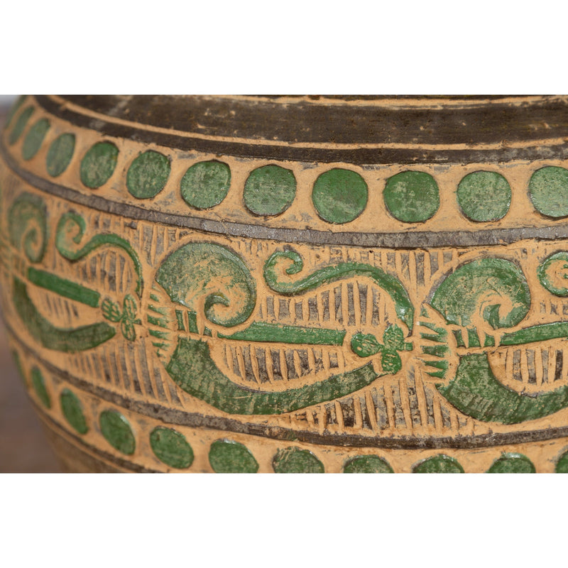 Vintage Thai Brown Ceramic Jar with Green Scrolling and Spherical Accents-12. Asian & Chinese Furniture, Art, Antiques, Vintage Home Décor for sale at FEA Home