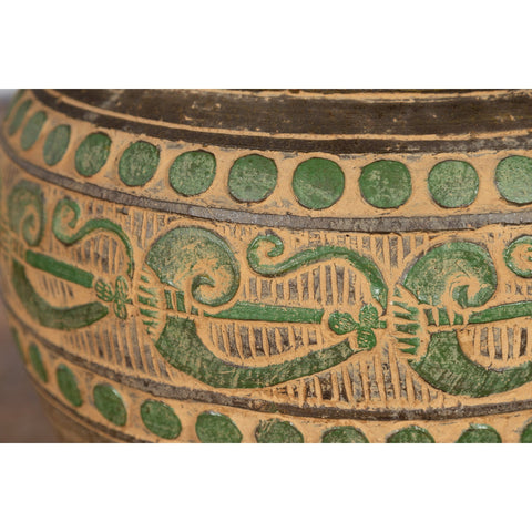 Vintage Thai Brown Ceramic Jar with Green Scrolling and Spherical Accents-12. Asian & Chinese Furniture, Art, Antiques, Vintage Home Décor for sale at FEA Home