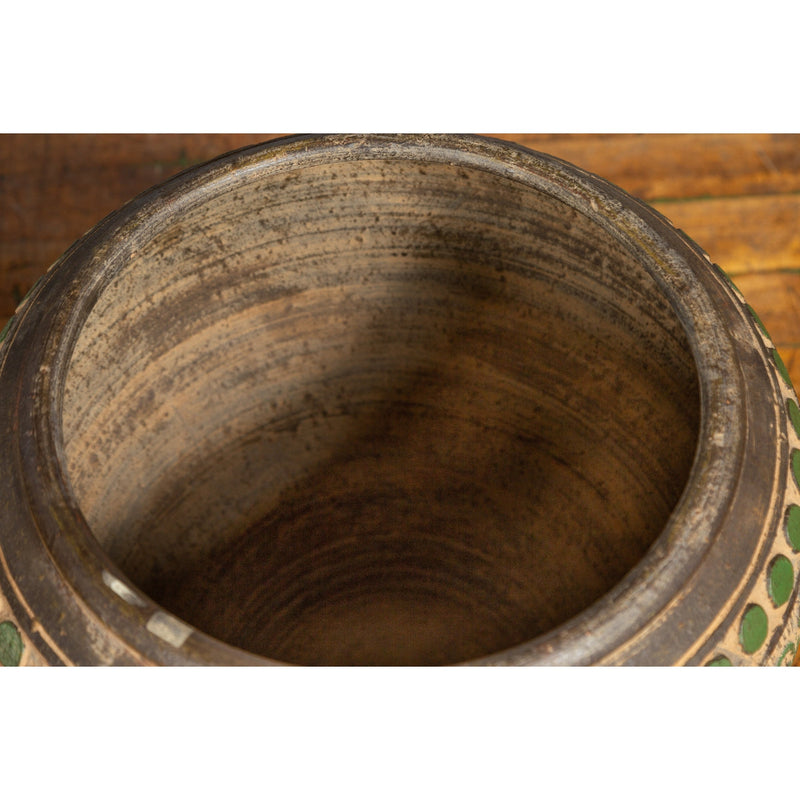 Vintage Thai Brown Ceramic Jar with Green Scrolling and Spherical Accents-13. Asian & Chinese Furniture, Art, Antiques, Vintage Home Décor for sale at FEA Home