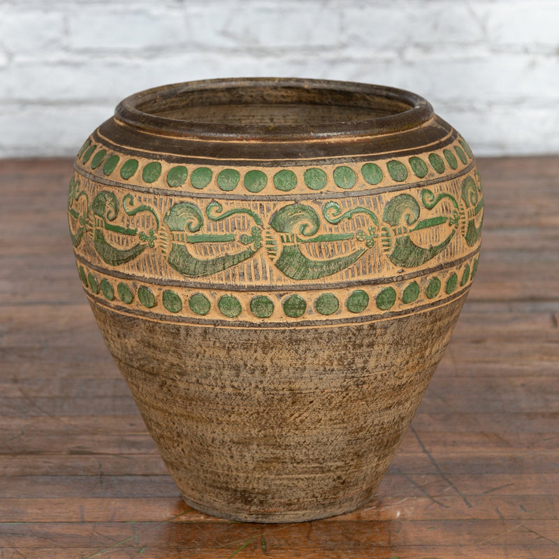 Vintage Thai Brown Ceramic Jar with Green Scrolling and Spherical Accents-2. Asian & Chinese Furniture, Art, Antiques, Vintage Home Décor for sale at FEA Home