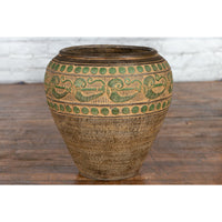 Vintage Thai Brown Ceramic Jar with Green Scrolling and Spherical Accents