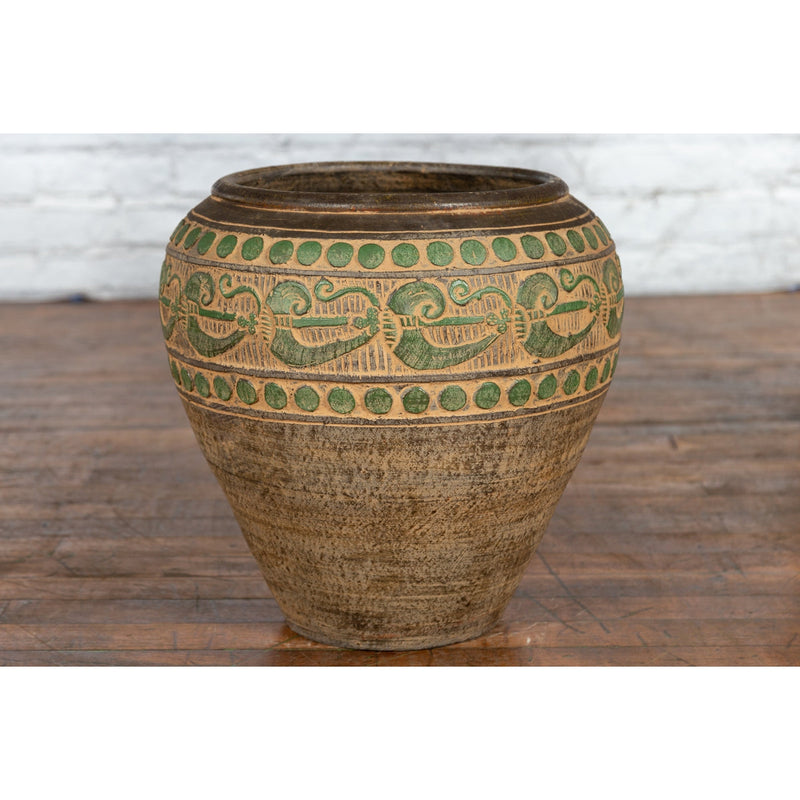 Vintage Thai Brown Ceramic Jar with Green Scrolling and Spherical Accents-3. Asian & Chinese Furniture, Art, Antiques, Vintage Home Décor for sale at FEA Home